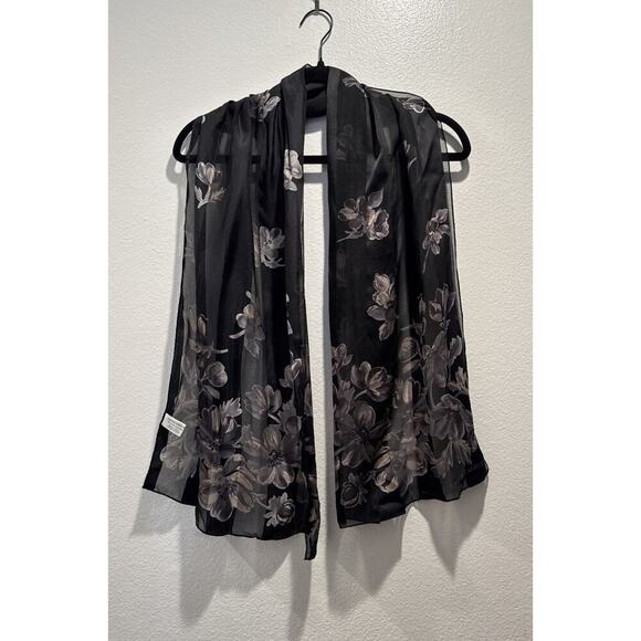 LAURA ASHLEY Rectangle Scarf Black Floral Silk Wide Sheer Stripes READ - Picture 1 of 12